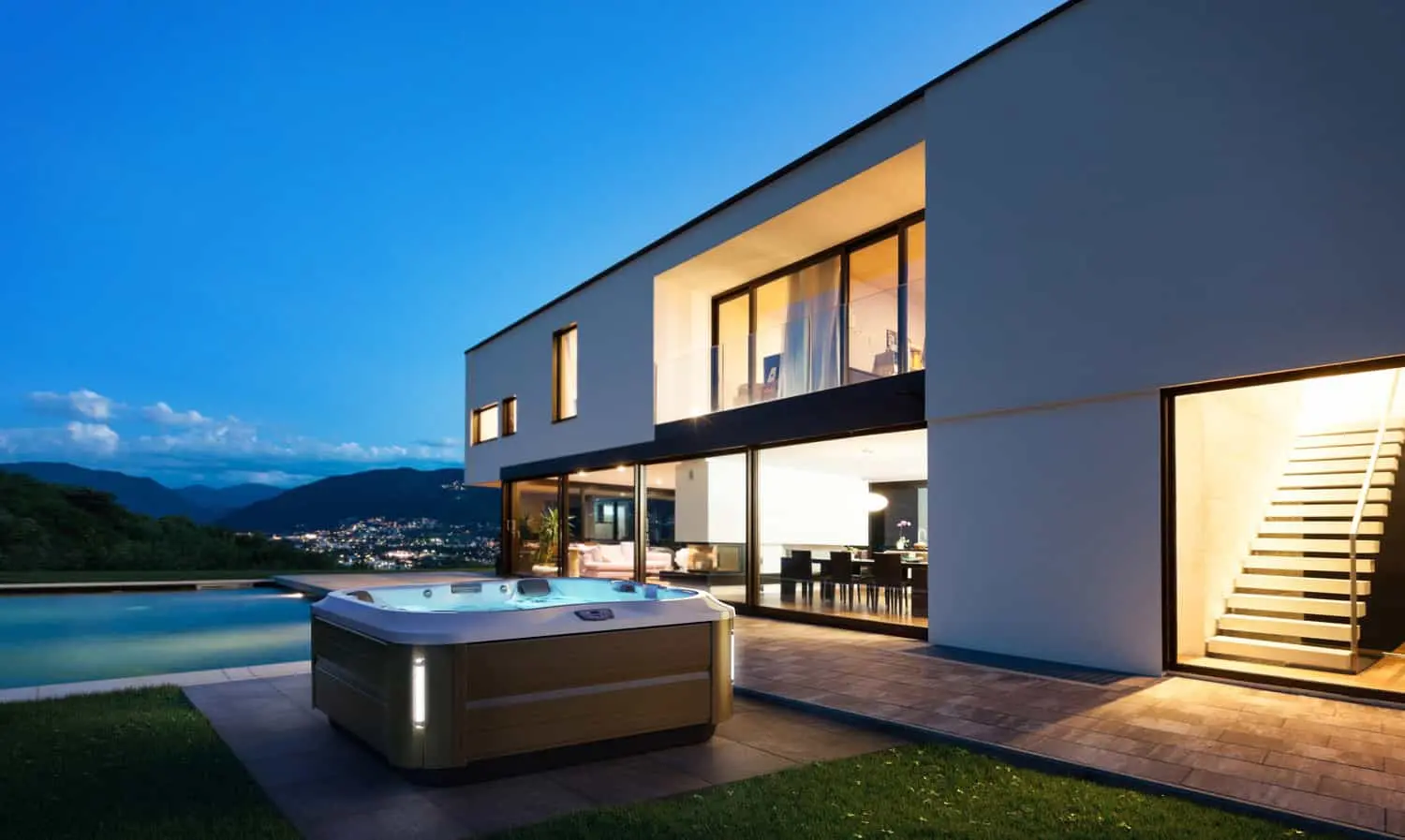 Backyard Life - Premium Home Leisure Nightime Scene With Glowing Jacuzzi Hot Tub For 5 People